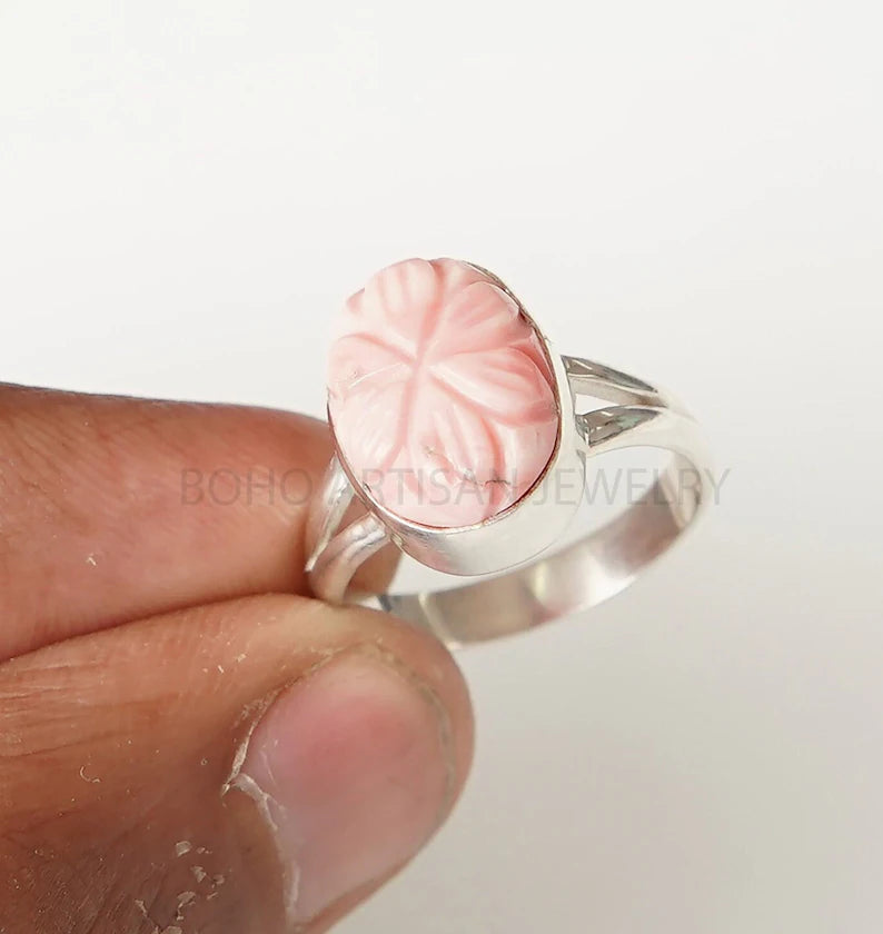 Raw Pink Opal Ring: Sterling Silver Boho Stacking Ring