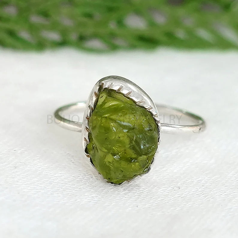 Raw Peridot Ring: Handmade 925 Sterling Silver Stacking Band