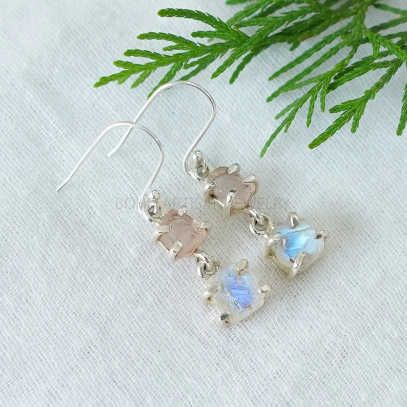Raw Moonstone Rose Quartz Sterling Silver Dangle Earrings