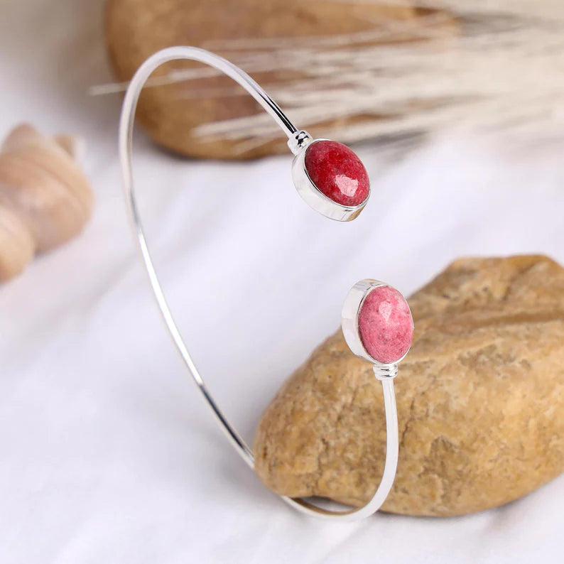 Handmade Thulite Cuff Bracelet: 925 Sterling Silver Adjustable Bangle