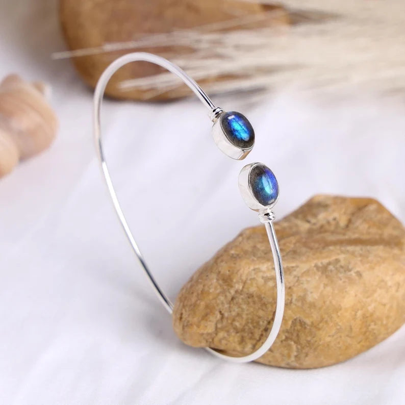 Handmade Sterling Silver Labradorite Cuff Bracelet: Adjustable Bangle