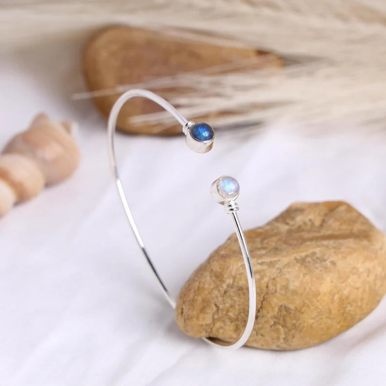 Rainbow Moonstone Cuff Bracelet: Sterling Silver Labradorite Bangle