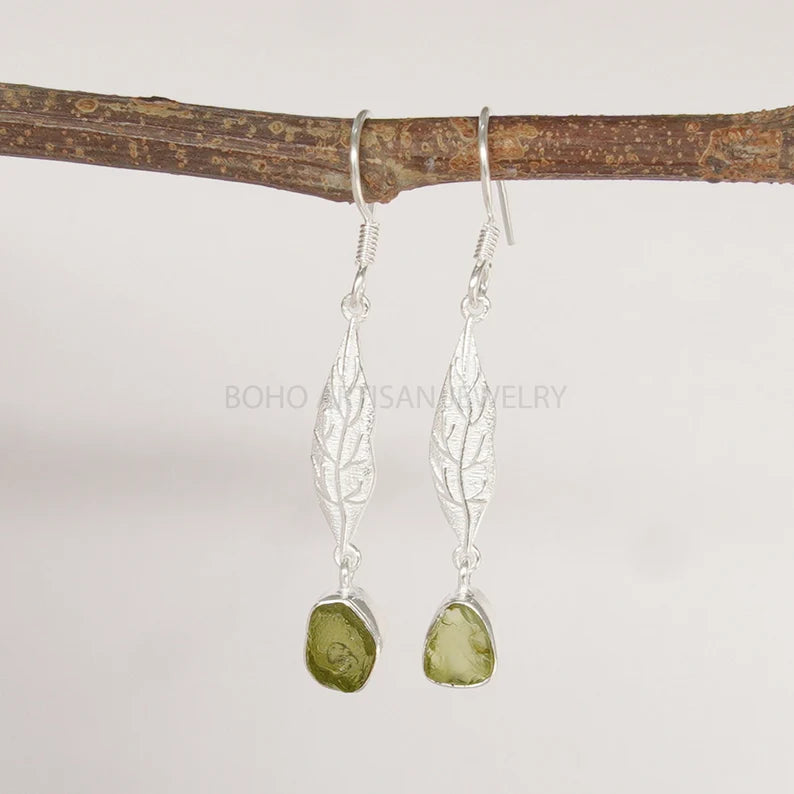 Raw Peridot Sterling Silver Dangle Earrings: August Birthstone Jewelry