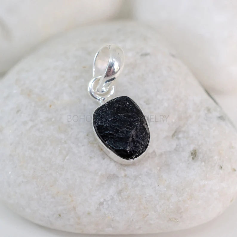 Raw Black Tourmaline Pendant: Sterling Silver Healing Crystal Necklace