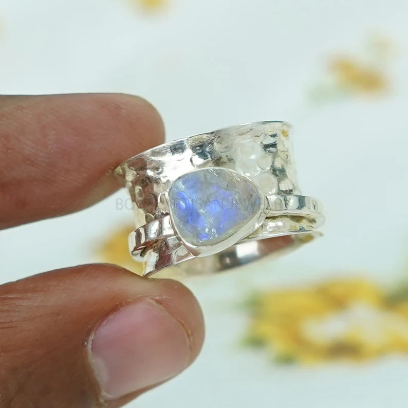 Raw Moonstone Spinner Ring: Hammered Sterling Silver Thumb Ring