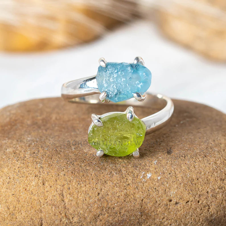 Raw Aquamarine Ring, Peridot Ring, Adjustable Sterling Silver Ring, Boho Birthstone Jewelry, Handmade Ring, March August Birthstone Gift
