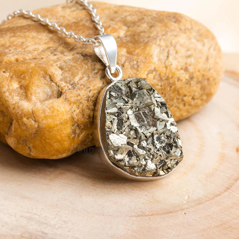 Raw Pyrite Druzy Pendant: Sterling Silver Boho Necklace