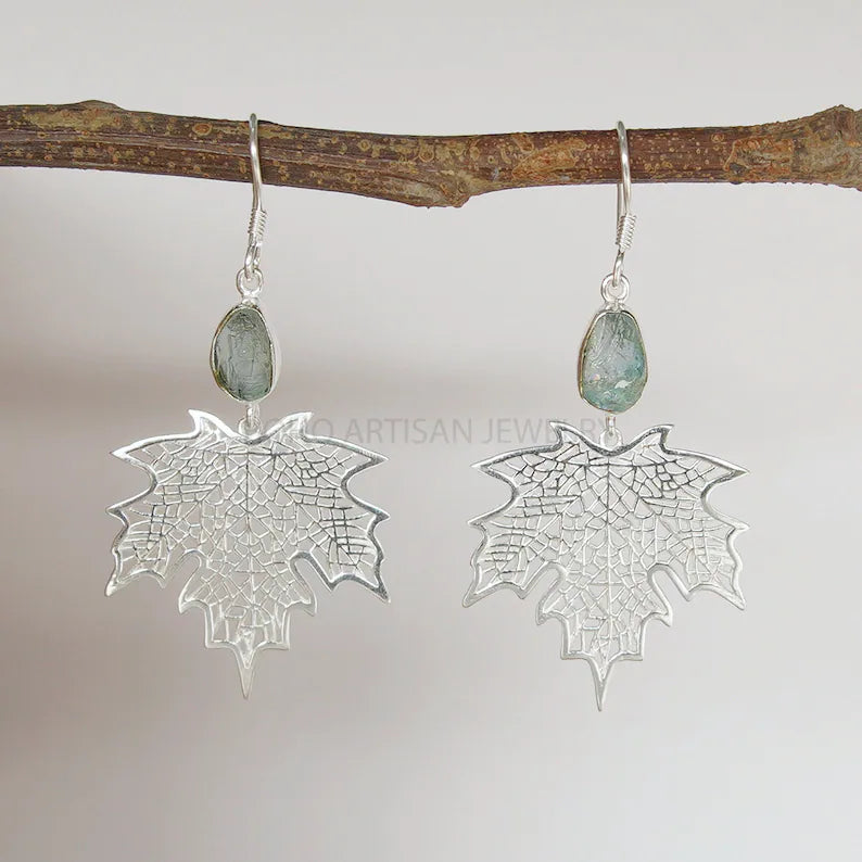 Maple Leaf Aquamarine Earrings: Handmade Sterling Silver Dangle Jewelry