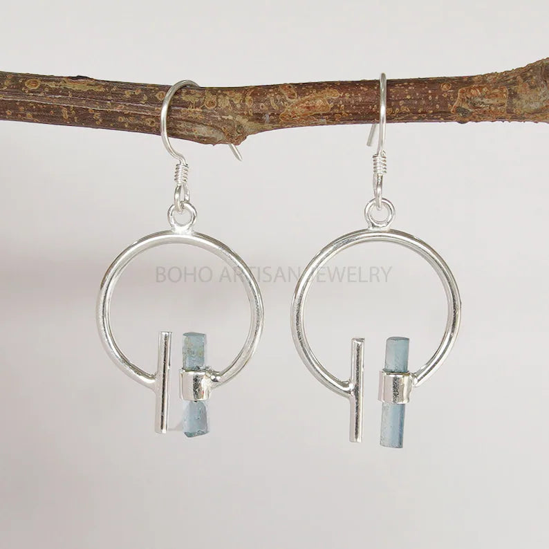 Raw Aquamarine Sterling Silver Dangle Earrings: Handmade Gemstone Jewelry