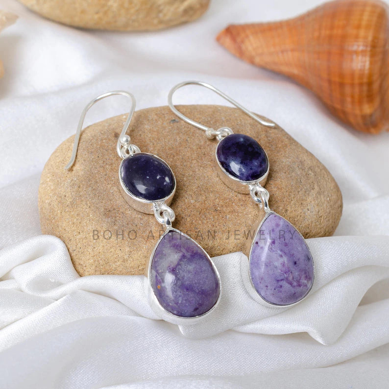 Tiffany Jasper Earrings, Two-Stone Dangle Earrings, Handmade Crystal Earrings, Purple Stone Jewelry, Healing Crystal Jewelry, Gift For Her
