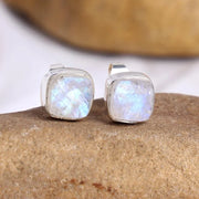 Raw Moonstone Stud Earrings: Handmade Sterling Silver Jewelry