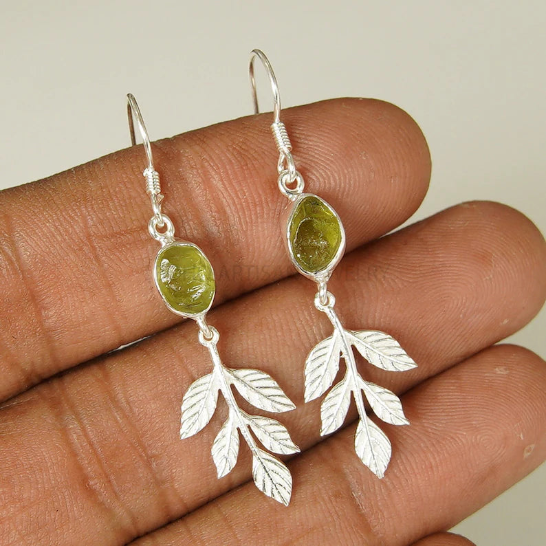 Raw Peridot Leaf Earrings: Handmade 925 Sterling Silver Dangle