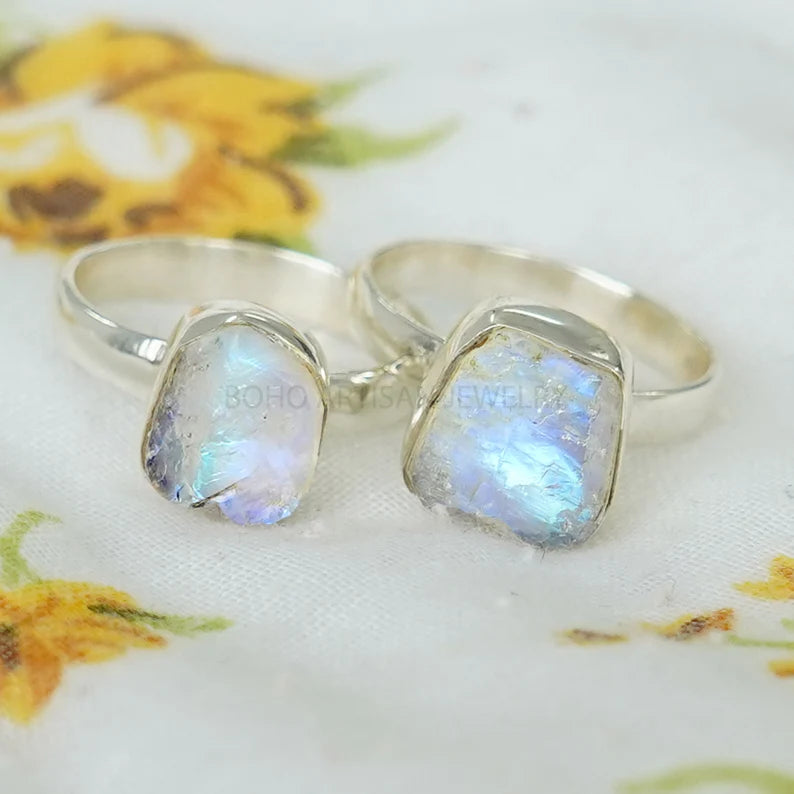RAW Moonstone Ring, Crystal Stone Silver Jewelry, RHODIUM over Silver, Blue Fire Moonstone, Rough Stone, July Birthstone, Bestseller