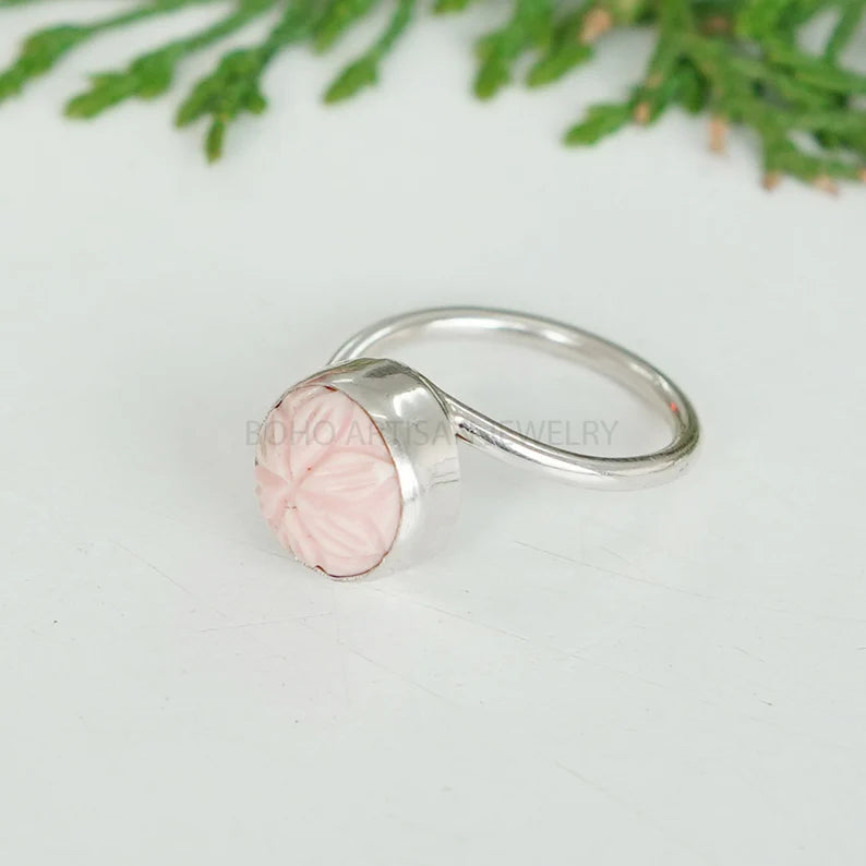 Twisted Sterling Silver Pink Opal Ring: Handmade Boho Jewelry