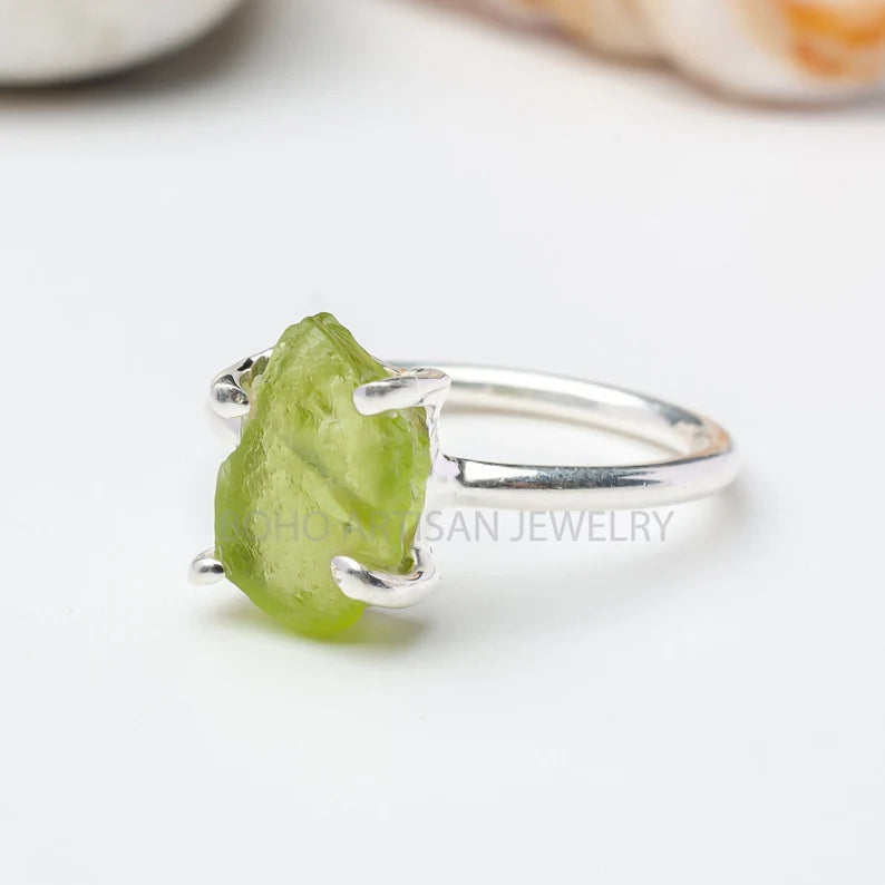 Raw Peridot Ring, Peridot Sterling Silver Ring, Stacking Band Ring, Raw Gemstone Ring, August Birthstone, Crystal Ring, Gift for Mom