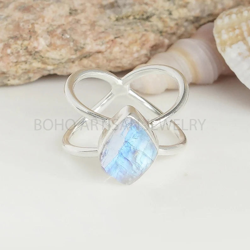 Handmade Sterling Silver Moonstone Ring: Criss Cross Boho Jewelry