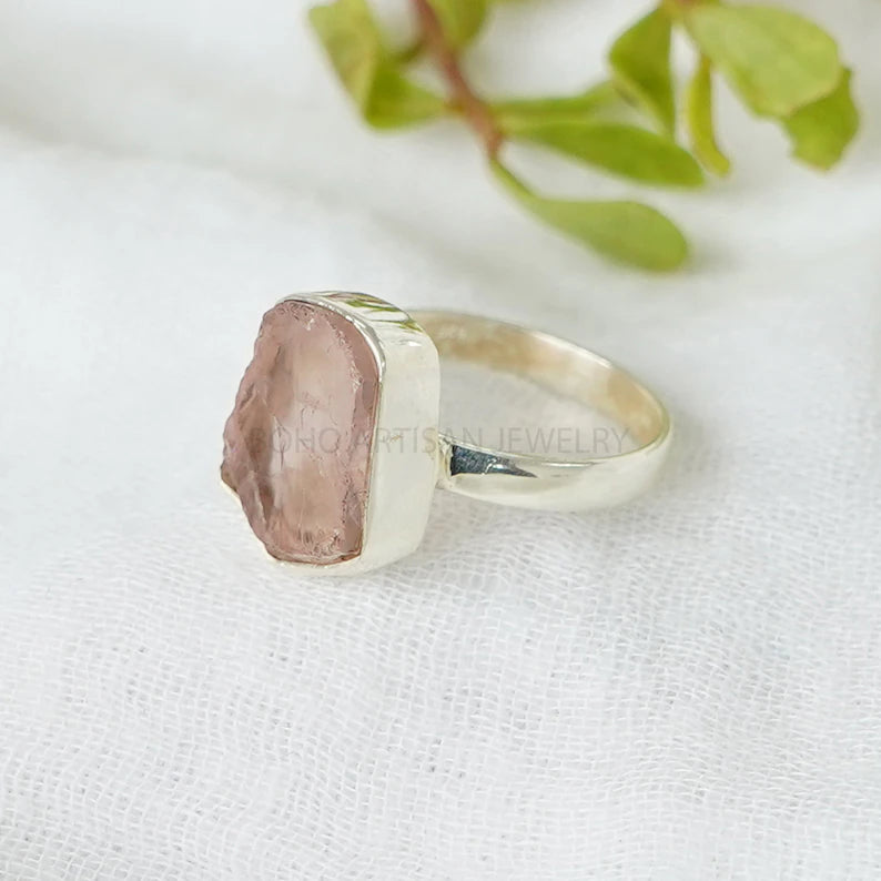 Raw Rose Quartz Ring: Sterling Silver Boho Ring, Healing Crystal
