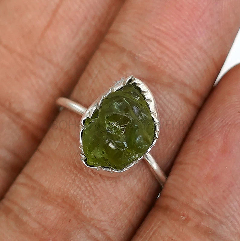 Raw Peridot Ring: Handmade 925 Sterling Silver Stacking Band