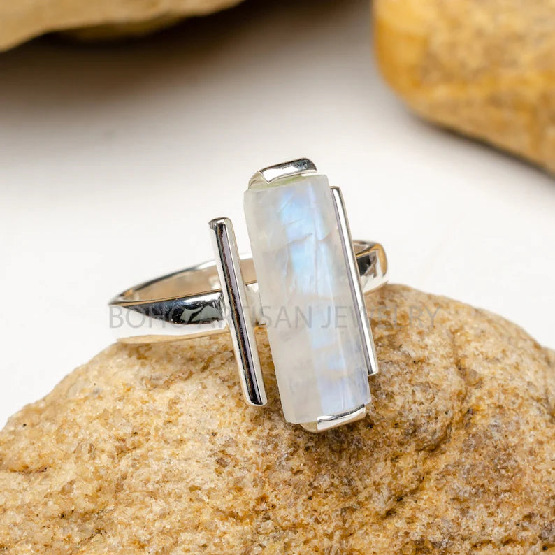 Raw Moonstone Bar Ring • Handmade Silver Jewelry • Raw Crystal Ring • Dainty Gemstone Ring • Blue Fire Moonstone • Statement Ring • Gift