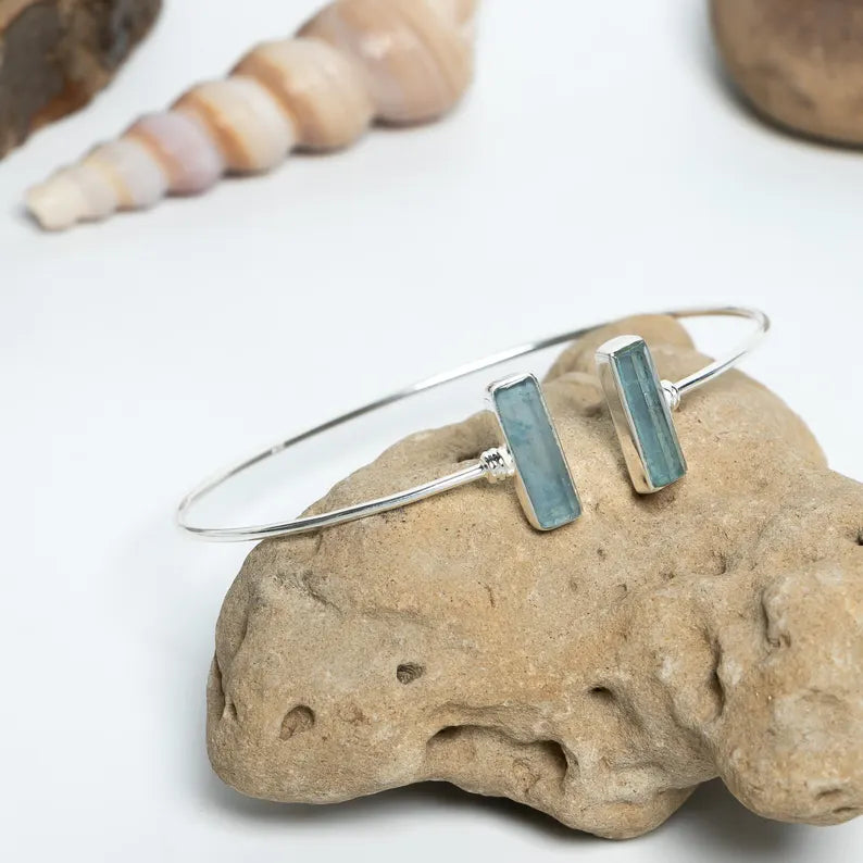 Raw Aquamarine Bar Bracelet, Aquamarine Stick Bangle Bracelet, Handmade Silver Jewelry, Adjustable Bracelet, March Birthstone, Gift For Her