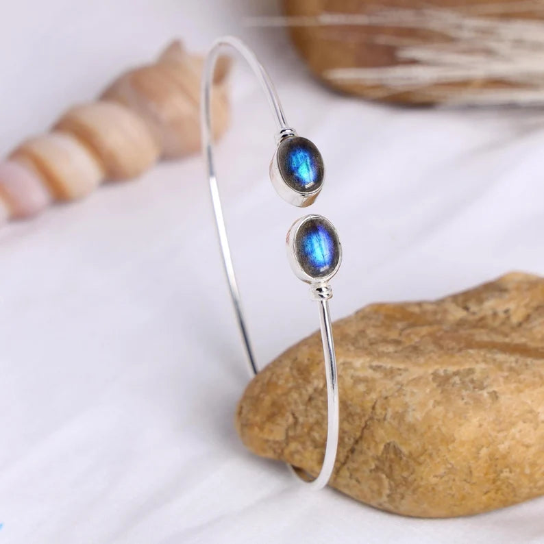 Handmade Sterling Silver Labradorite Cuff Bracelet: Adjustable Bangle