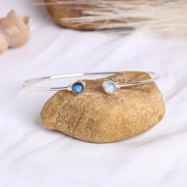 Rainbow Moonstone Cuff Bracelet: Sterling Silver Labradorite Bangle