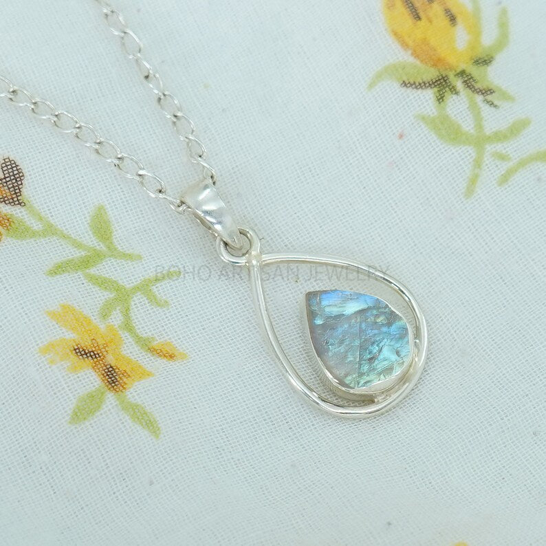 Raw Rainbow Moonstone Pendant: Sterling Silver Boho Necklace
