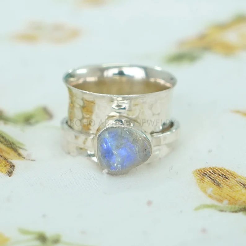 Raw Moonstone Spinner Ring: Hammered Sterling Silver Thumb Ring
