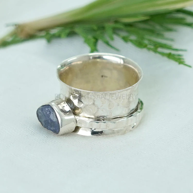 Raw Tanzanite Spinner Ring: Hammered Sterling Silver Band, Anxiety Ring