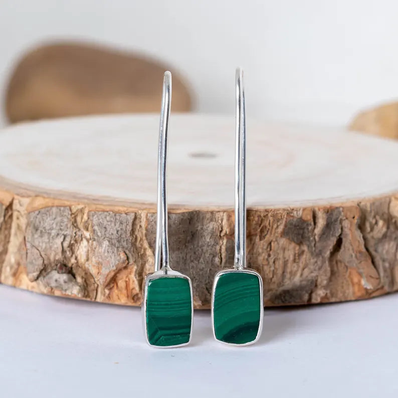 Malachite Dangle Earring, Green Gemstone Earring, Handmade Sterling Silver Earring, Women Earring, Unique Earring, Gift For Her