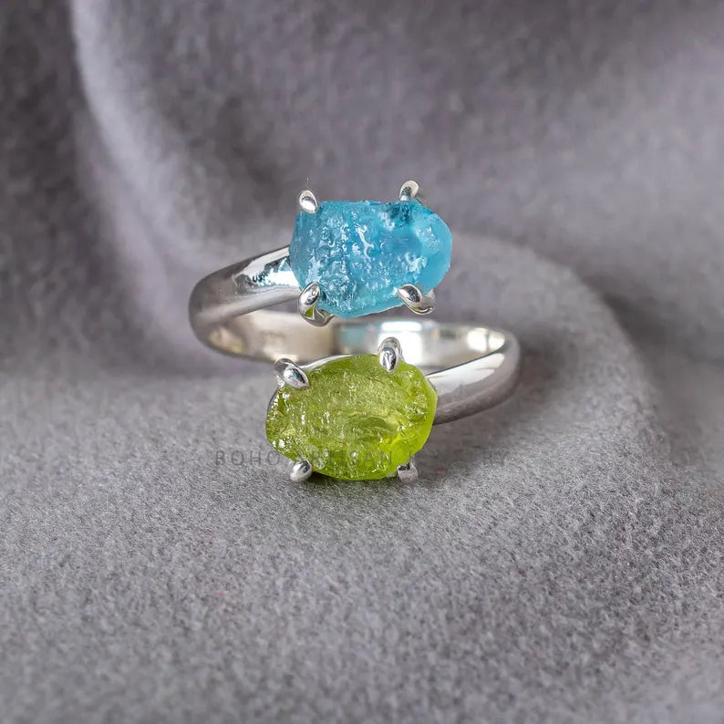 Raw Aquamarine Ring, Peridot Ring, Adjustable Sterling Silver Ring, Boho Birthstone Jewelry, Handmade Ring, March August Birthstone Gift