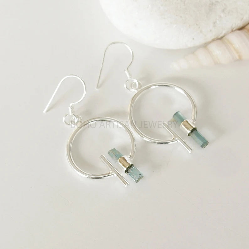 Raw Aquamarine Sterling Silver Dangle Earrings: Handmade Gemstone Jewelry