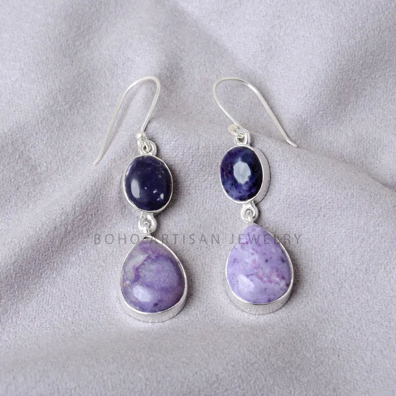 Tiffany Jasper Earrings, Two-Stone Dangle Earrings, Handmade Crystal Earrings, Purple Stone Jewelry, Healing Crystal Jewelry, Gift For Her