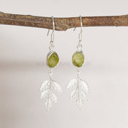Raw Peridot Leaf Earrings: Handmade 925 Sterling Silver Dangle