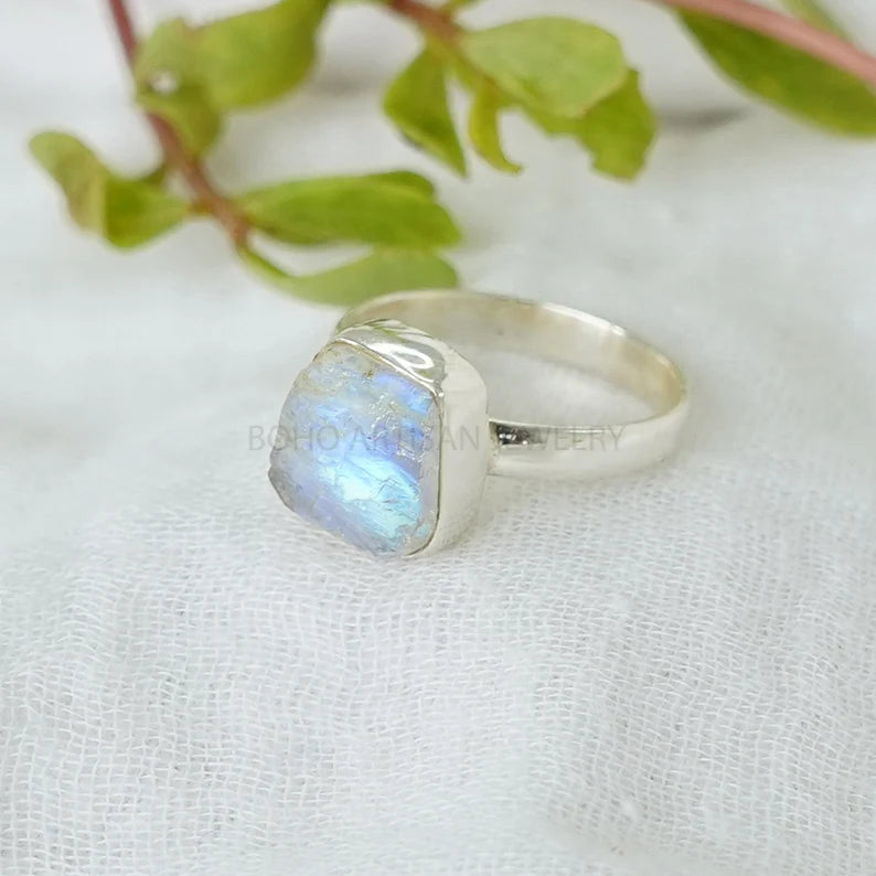 RAW Moonstone Ring, Crystal Stone Silver Jewelry, RHODIUM over Silver, Blue Fire Moonstone, Rough Stone, July Birthstone, Bestseller