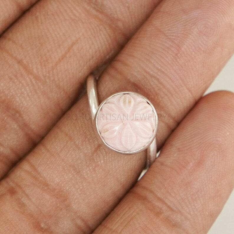 Twisted Sterling Silver Pink Opal Ring: Handmade Boho Jewelry