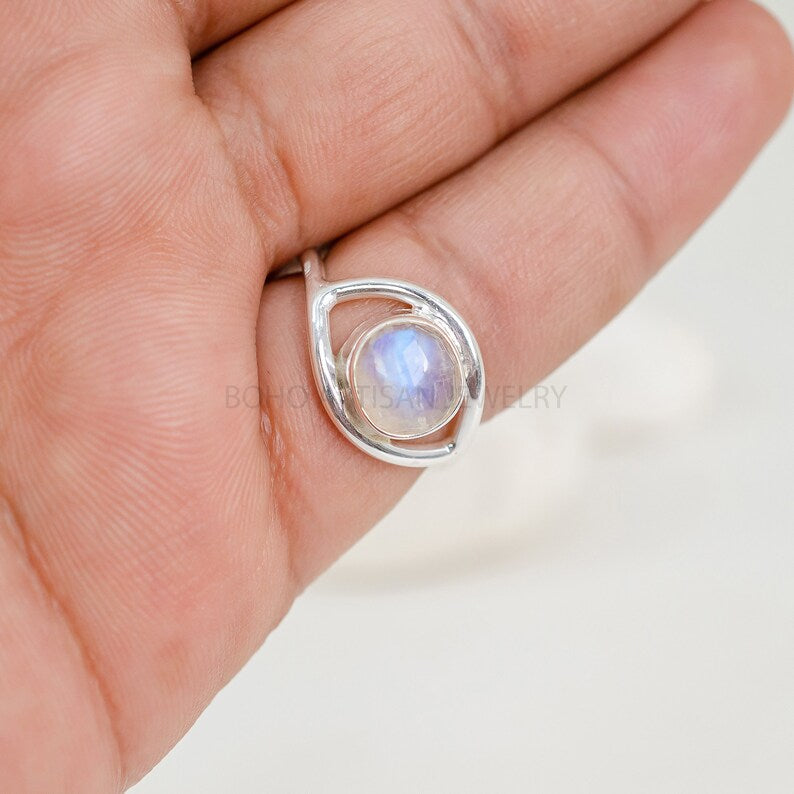 Evil Eye Moonstone Ring, Silver Handmade Ring, Moonstone Rose Cut Ring, Fire Moonstone, Rough Stone Jewelry, July Birthstone, Gift For Her