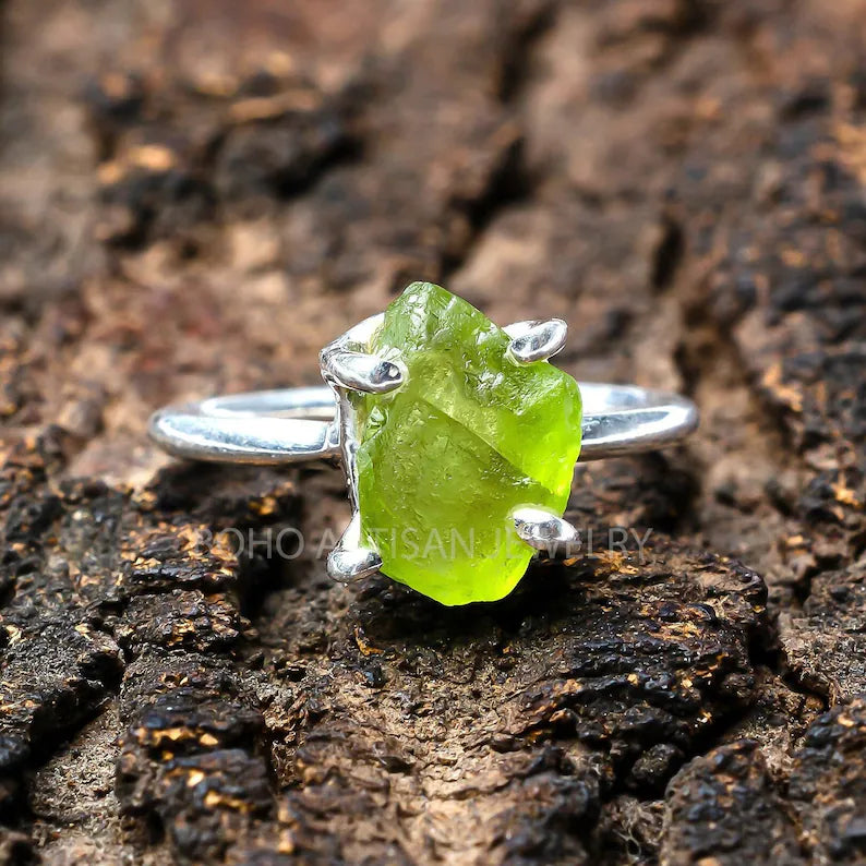 Raw Peridot Ring, Peridot Sterling Silver Ring, Stacking Band Ring, Raw Gemstone Ring, August Birthstone, Crystal Ring, Gift for Mom