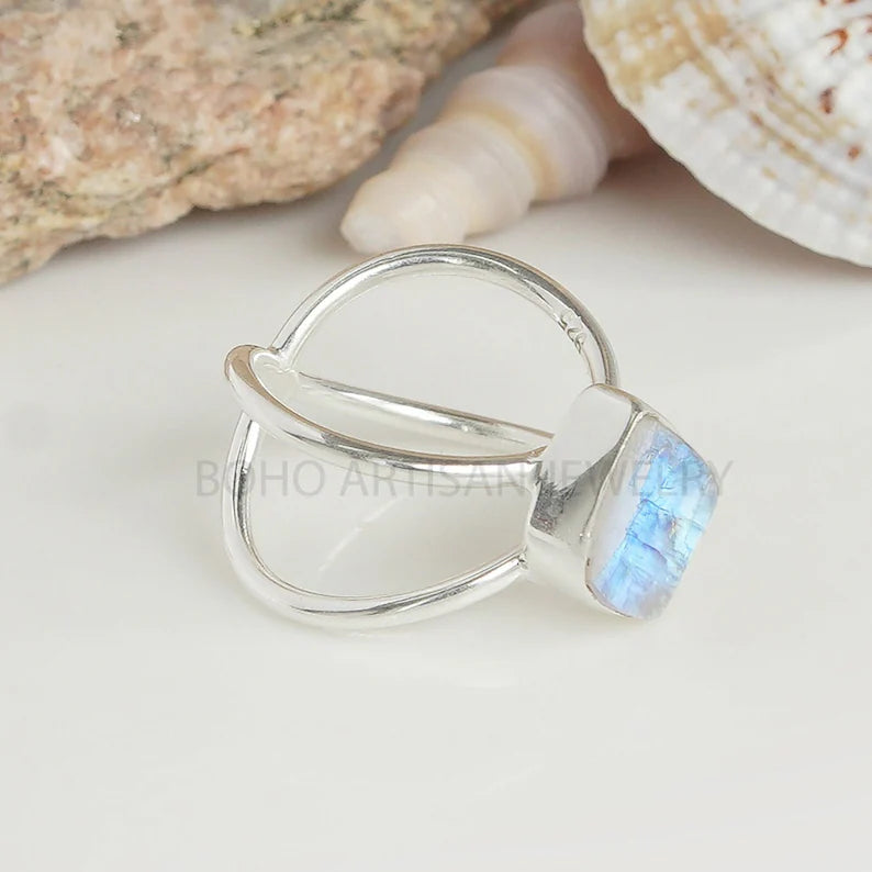 Handmade Sterling Silver Moonstone Ring: Criss Cross Boho Jewelry