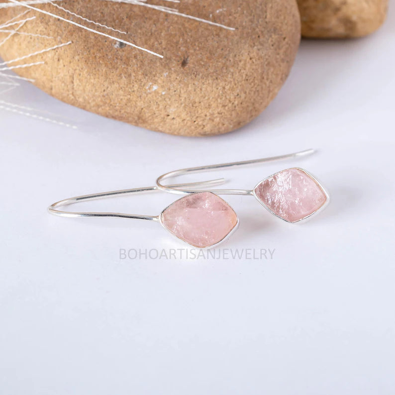 Raw Rose Quartz Earring, Dangle Earring, Silver Handmade Jewelry, Rough stone, 925 Sterling Silver, Pink Gemstone Earrings, Gift For Her