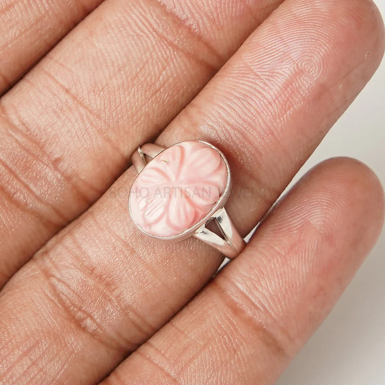Raw Pink Opal Ring: Sterling Silver Boho Stacking Ring