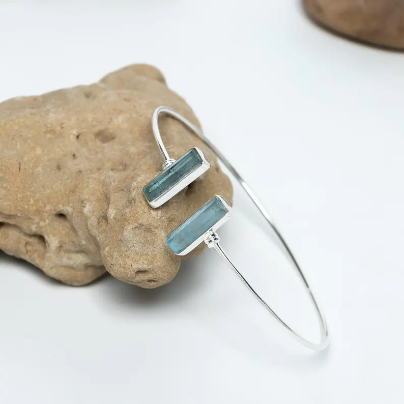 Raw Aquamarine Bar Bracelet, Aquamarine Stick Bangle Bracelet, Handmade Silver Jewelry, Adjustable Bracelet, March Birthstone, Gift For Her