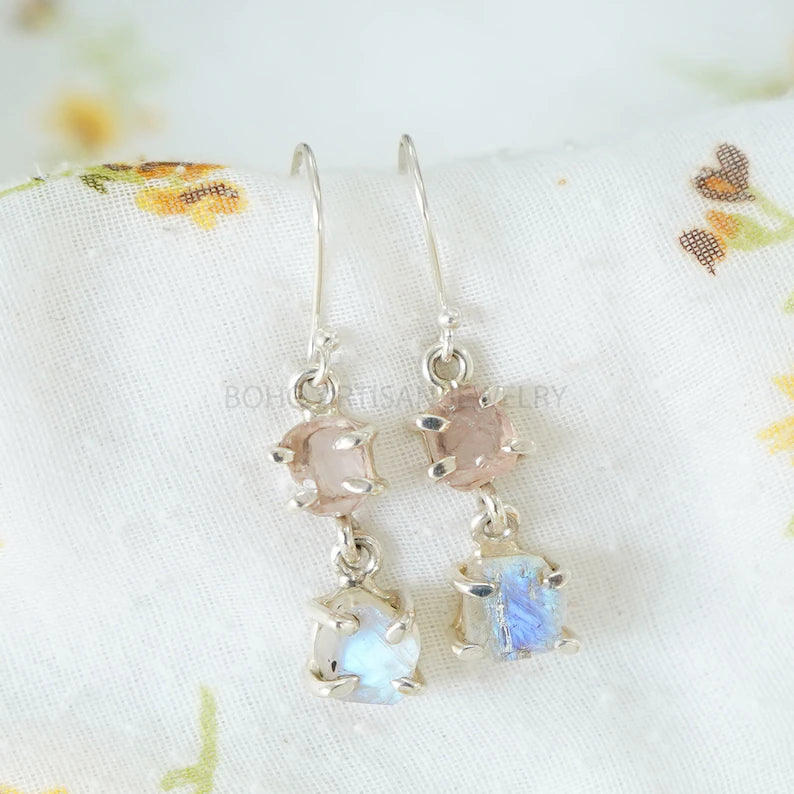 Raw Moonstone Rose Quartz Sterling Silver Dangle Earrings