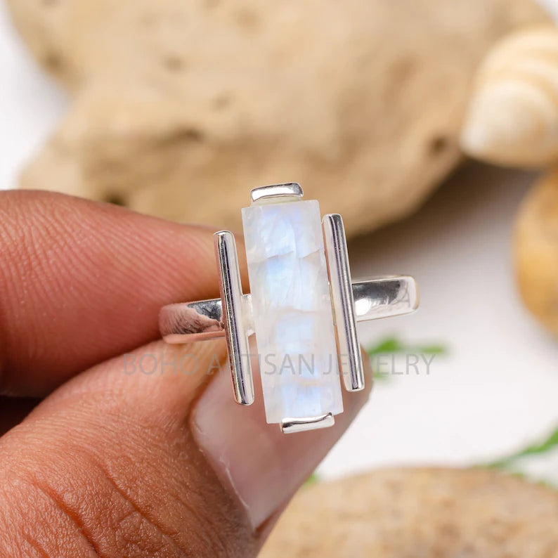 Raw Moonstone Bar Ring • Handmade Silver Jewelry • Raw Crystal Ring • Dainty Gemstone Ring • Blue Fire Moonstone • Statement Ring • Gift
