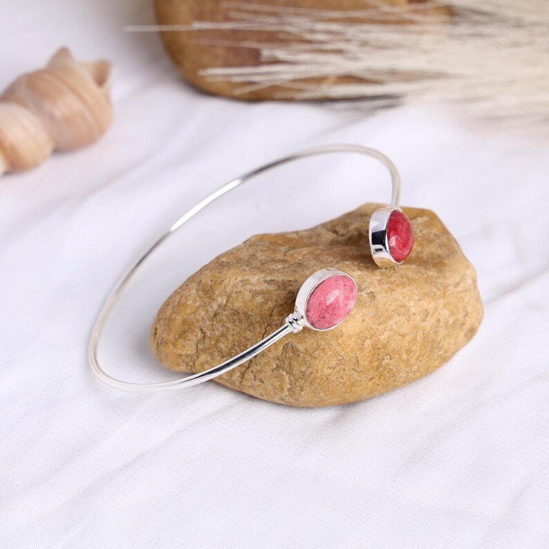 Handmade Thulite Cuff Bracelet: 925 Sterling Silver Adjustable Bangle