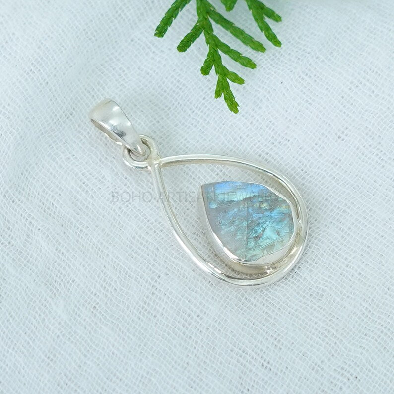 Raw Rainbow Moonstone Pendant: Sterling Silver Boho Necklace
