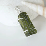 Raw Moldavite Pendant: Sterling Silver Green Gemstone Jewelry