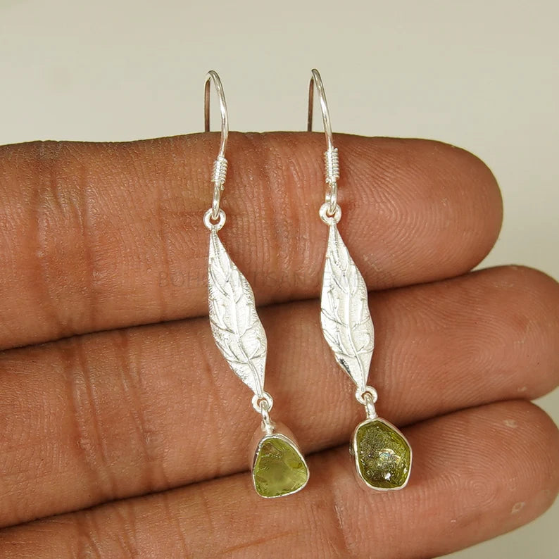 Raw Peridot Sterling Silver Dangle Earrings: August Birthstone Jewelry