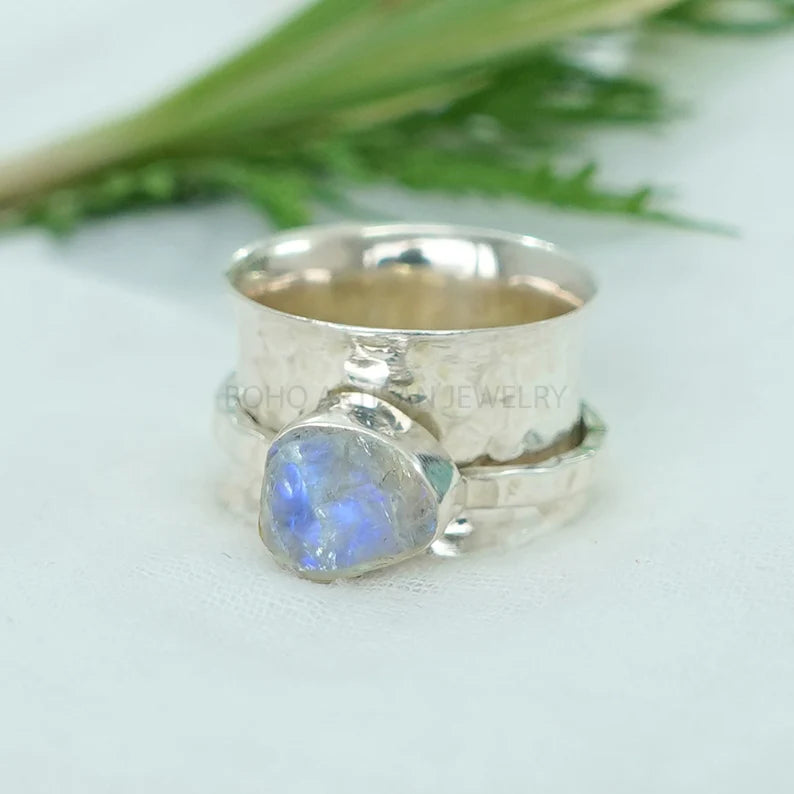 Raw Moonstone Spinner Ring: Hammered Sterling Silver Thumb Ring