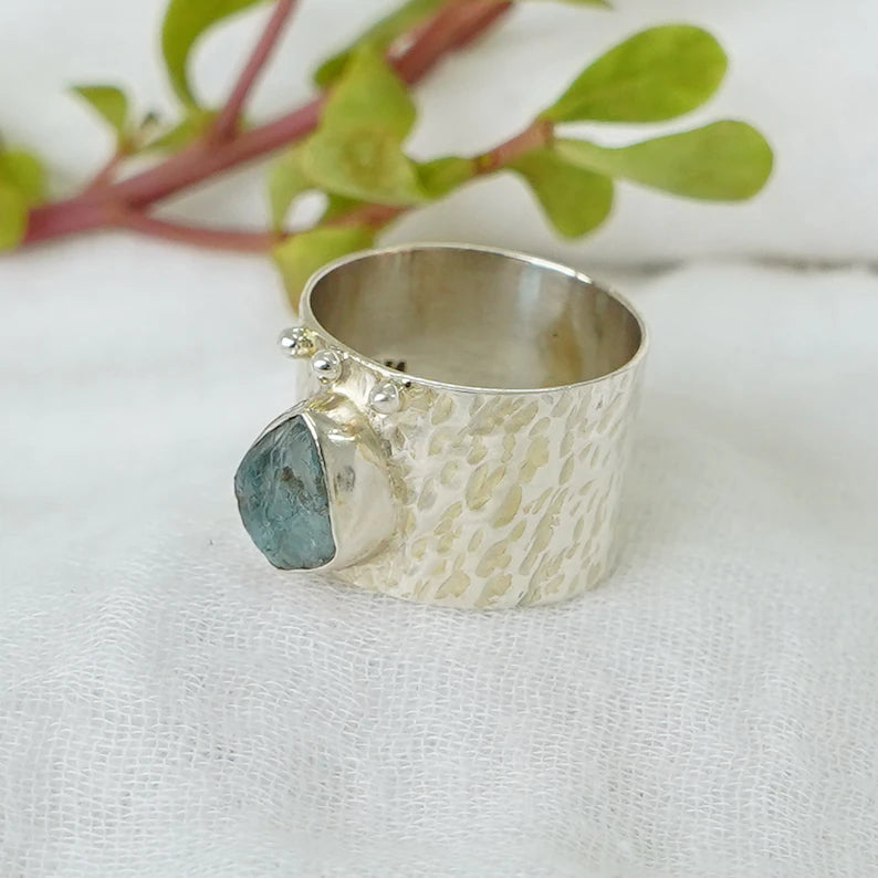 Raw Aquamarine Ring: Hammered Sterling Silver Textured Band